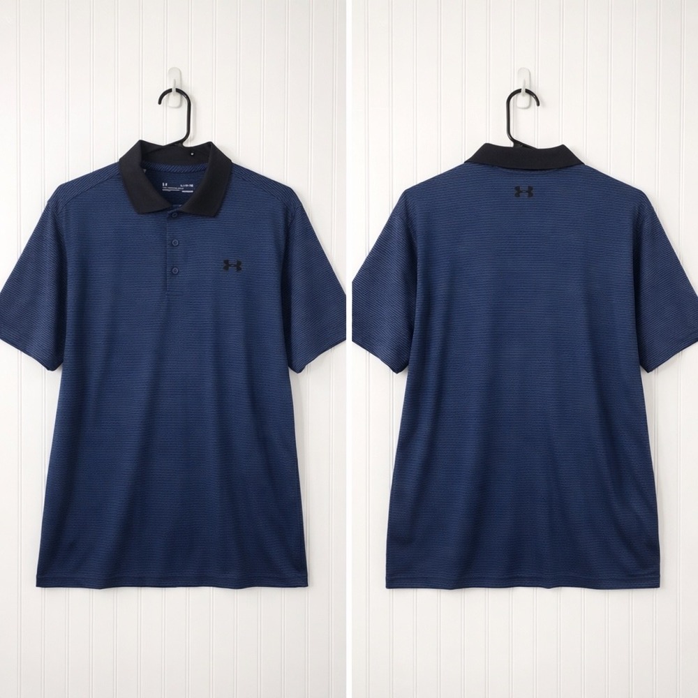 Under Armour Mens HeatGear Polo Shirt Blue Black Striped Loose Fit XL Golf Tee